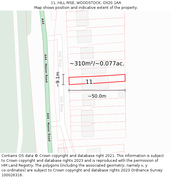 11, HILL RISE, WOODSTOCK, OX20 1AA: Plot and title map