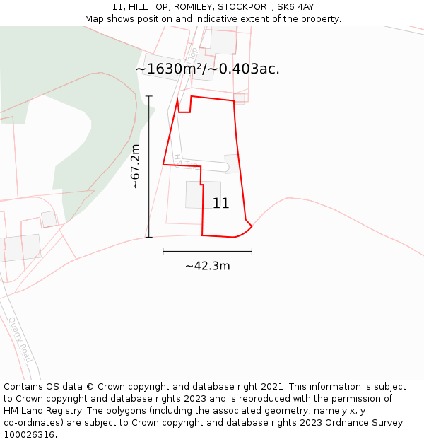 11, HILL TOP, ROMILEY, STOCKPORT, SK6 4AY: Plot and title map