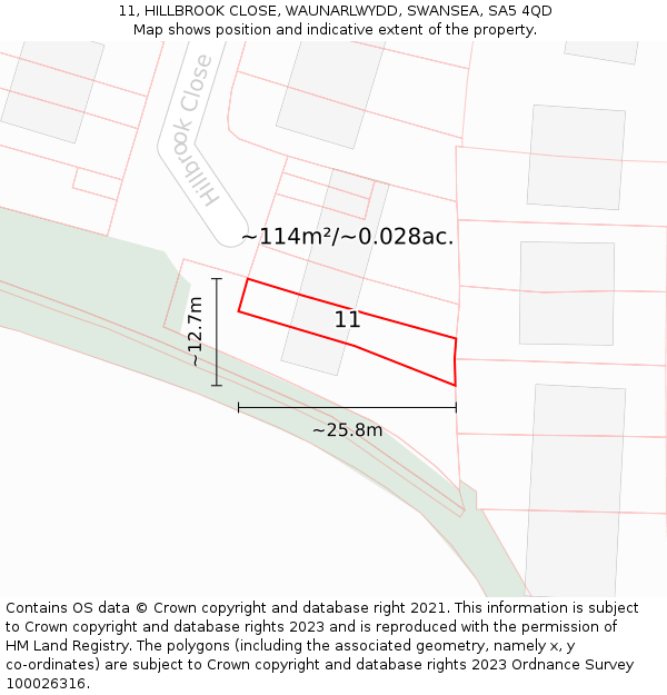 11, HILLBROOK CLOSE, WAUNARLWYDD, SWANSEA, SA5 4QD: Plot and title map