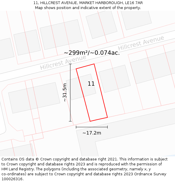 11, HILLCREST AVENUE, MARKET HARBOROUGH, LE16 7AR: Plot and title map