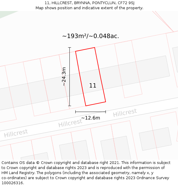 11, HILLCREST, BRYNNA, PONTYCLUN, CF72 9SJ: Plot and title map