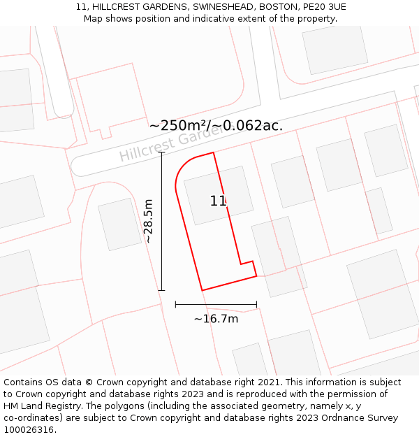 11, HILLCREST GARDENS, SWINESHEAD, BOSTON, PE20 3UE: Plot and title map