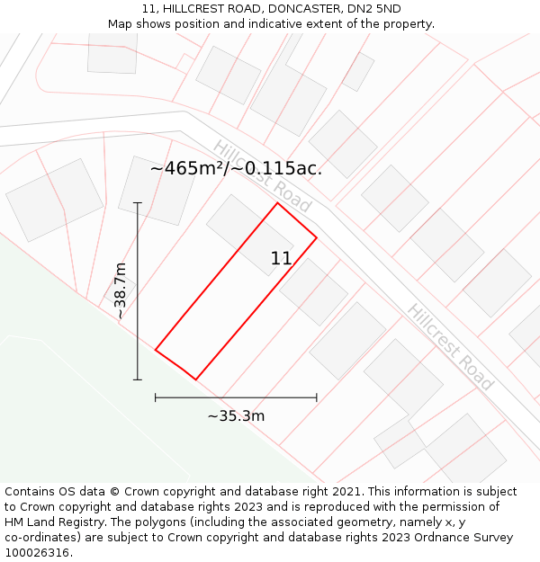 11, HILLCREST ROAD, DONCASTER, DN2 5ND: Plot and title map