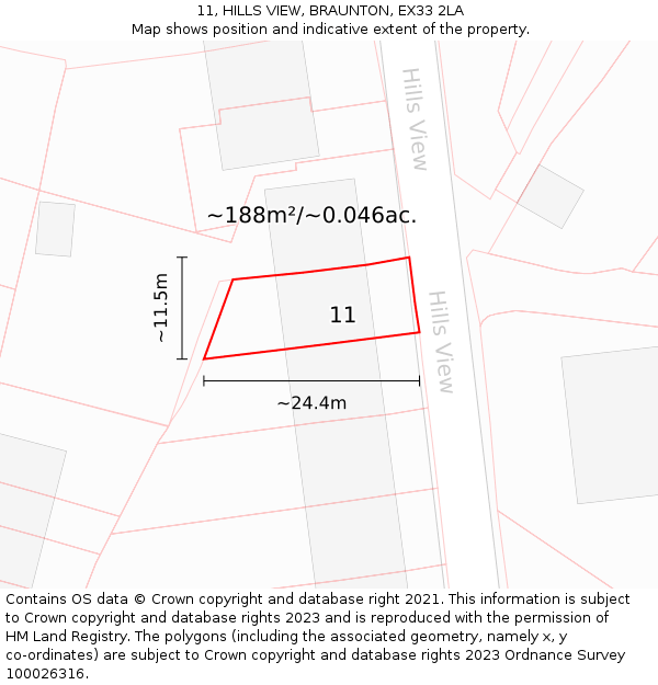 11, HILLS VIEW, BRAUNTON, EX33 2LA: Plot and title map