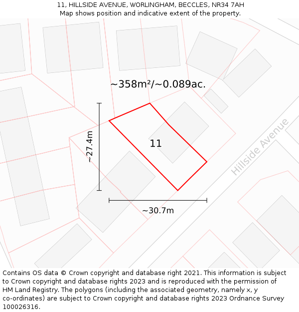 11, HILLSIDE AVENUE, WORLINGHAM, BECCLES, NR34 7AH: Plot and title map