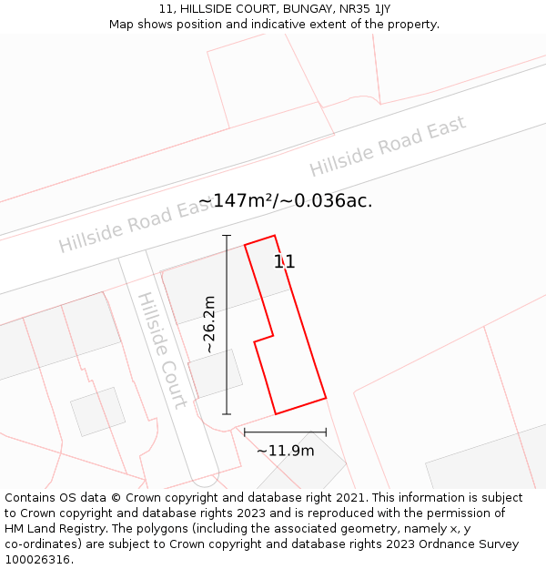 11, HILLSIDE COURT, BUNGAY, NR35 1JY: Plot and title map
