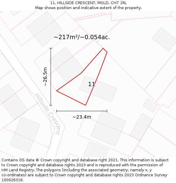 11, HILLSIDE CRESCENT, MOLD, CH7 1RL: Plot and title map