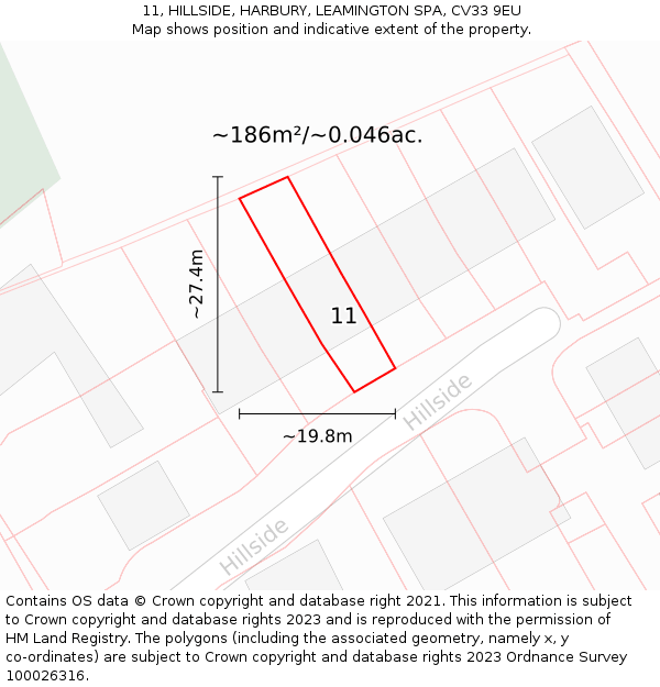 11, HILLSIDE, HARBURY, LEAMINGTON SPA, CV33 9EU: Plot and title map