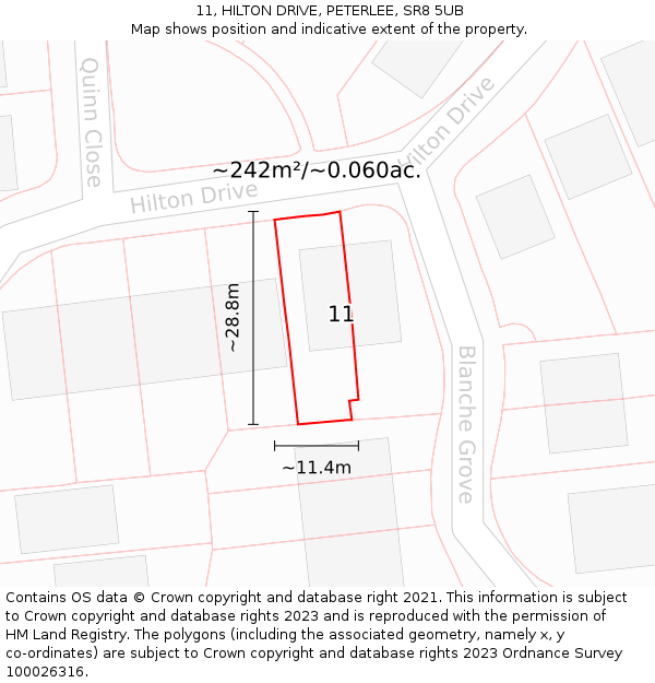 11, HILTON DRIVE, PETERLEE, SR8 5UB: Plot and title map