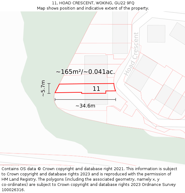 11, HOAD CRESCENT, WOKING, GU22 9FQ: Plot and title map