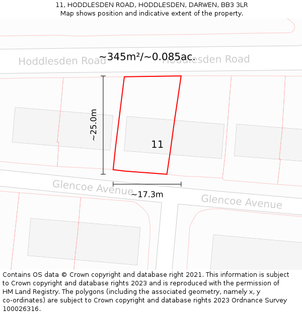 11, HODDLESDEN ROAD, HODDLESDEN, DARWEN, BB3 3LR: Plot and title map