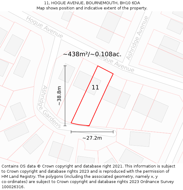 11, HOGUE AVENUE, BOURNEMOUTH, BH10 6DA: Plot and title map