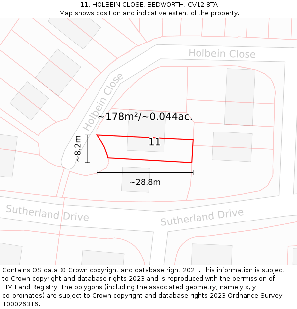 11, HOLBEIN CLOSE, BEDWORTH, CV12 8TA: Plot and title map