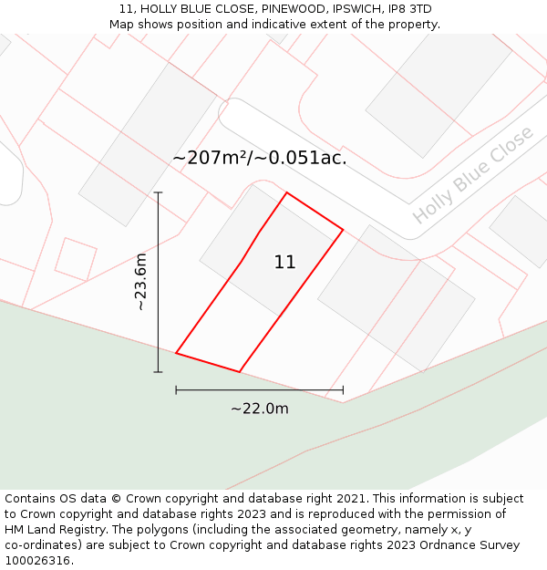 11, HOLLY BLUE CLOSE, PINEWOOD, IPSWICH, IP8 3TD: Plot and title map