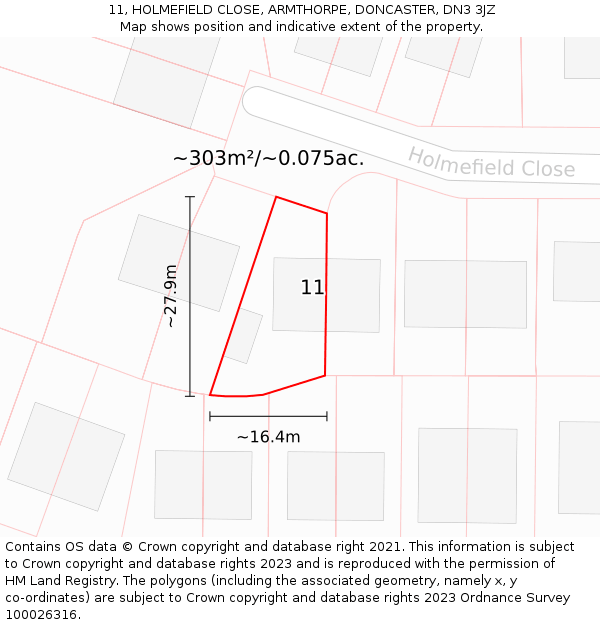 11, HOLMEFIELD CLOSE, ARMTHORPE, DONCASTER, DN3 3JZ: Plot and title map