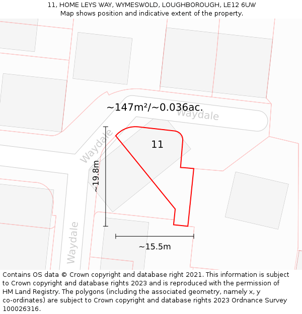 11, HOME LEYS WAY, WYMESWOLD, LOUGHBOROUGH, LE12 6UW: Plot and title map