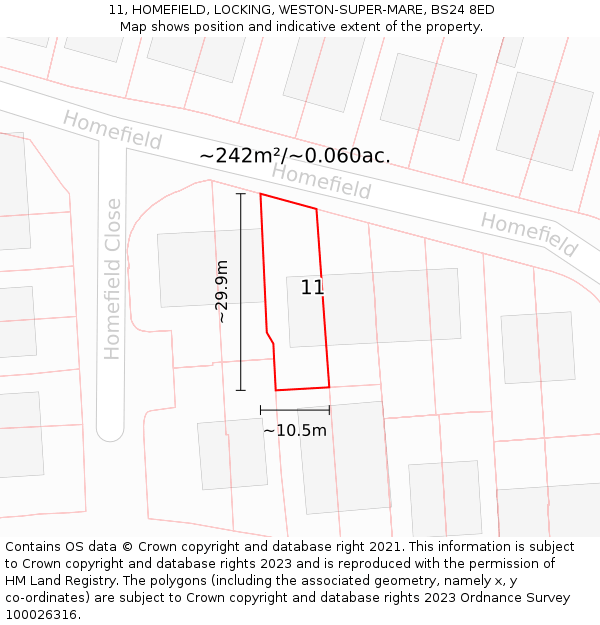 11, HOMEFIELD, LOCKING, WESTON-SUPER-MARE, BS24 8ED: Plot and title map