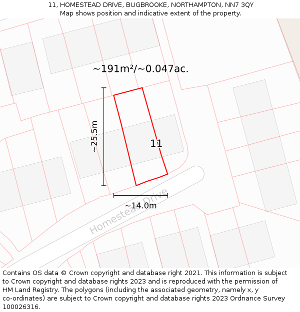 11, HOMESTEAD DRIVE, BUGBROOKE, NORTHAMPTON, NN7 3QY: Plot and title map