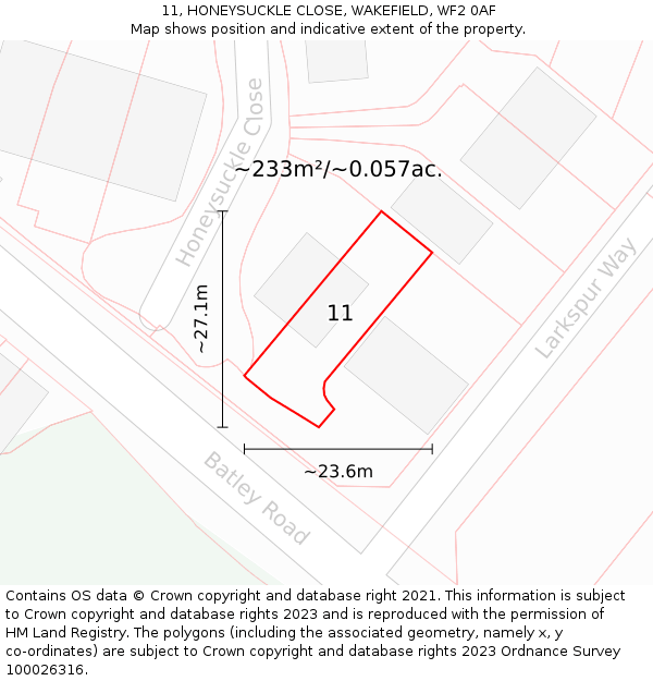 11, HONEYSUCKLE CLOSE, WAKEFIELD, WF2 0AF: Plot and title map