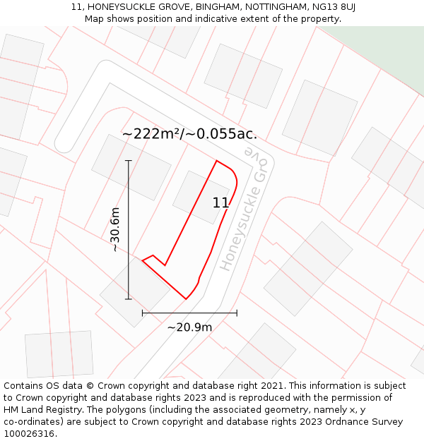 11, HONEYSUCKLE GROVE, BINGHAM, NOTTINGHAM, NG13 8UJ: Plot and title map