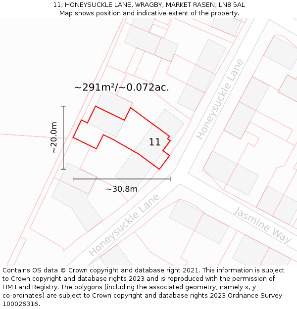 11, HONEYSUCKLE LANE, WRAGBY, MARKET RASEN, LN8 5AL: Plot and title map