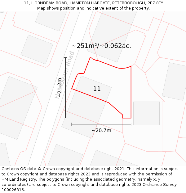 11, HORNBEAM ROAD, HAMPTON HARGATE, PETERBOROUGH, PE7 8FY: Plot and title map