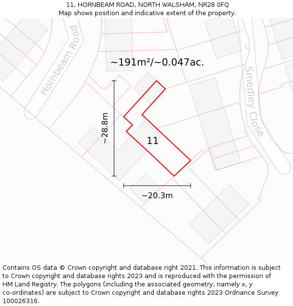 11, HORNBEAM ROAD, NORTH WALSHAM, NR28 0FQ: Plot and title map