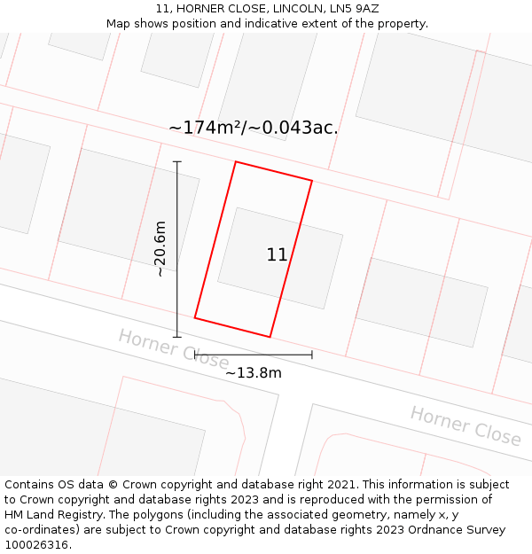 11, HORNER CLOSE, LINCOLN, LN5 9AZ: Plot and title map