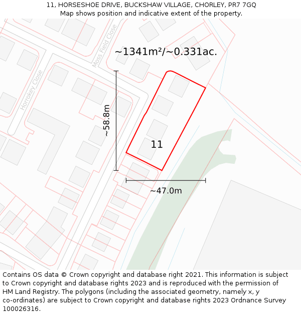 11, HORSESHOE DRIVE, BUCKSHAW VILLAGE, CHORLEY, PR7 7GQ: Plot and title map