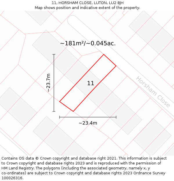 11, HORSHAM CLOSE, LUTON, LU2 8JH: Plot and title map