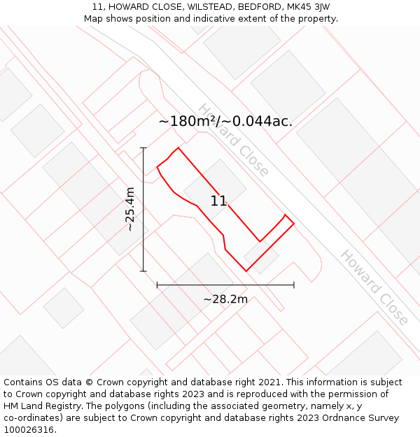 11, HOWARD CLOSE, WILSTEAD, BEDFORD, MK45 3JW: Plot and title map