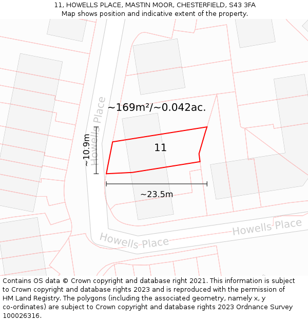 11, HOWELLS PLACE, MASTIN MOOR, CHESTERFIELD, S43 3FA: Plot and title map
