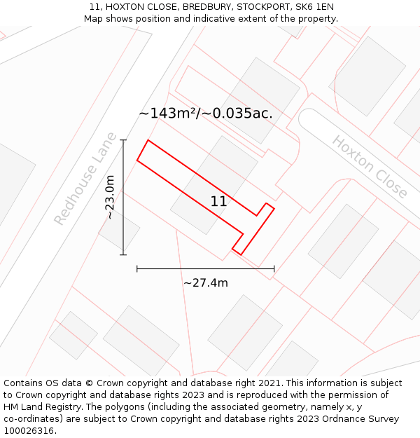 11, HOXTON CLOSE, BREDBURY, STOCKPORT, SK6 1EN: Plot and title map