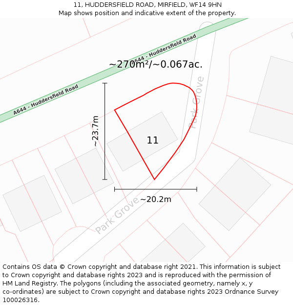 11, HUDDERSFIELD ROAD, MIRFIELD, WF14 9HN: Plot and title map