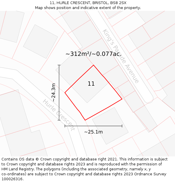 11, HURLE CRESCENT, BRISTOL, BS8 2SX: Plot and title map