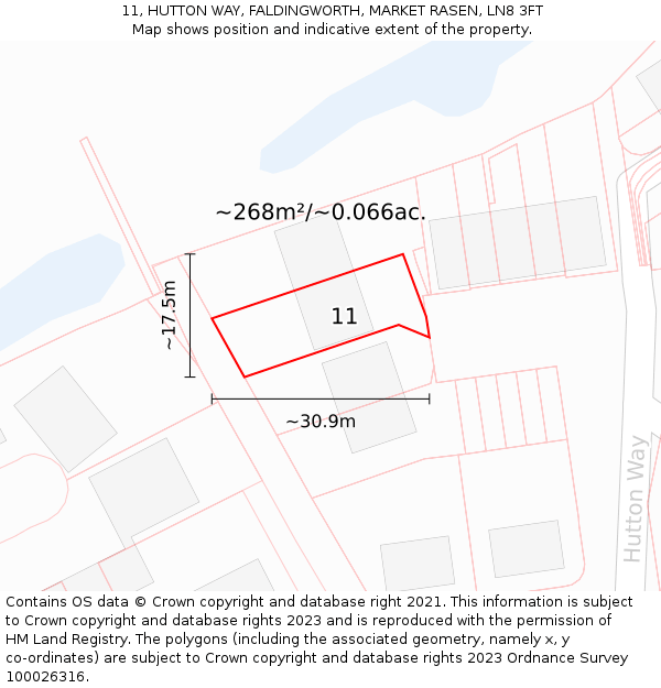 11, HUTTON WAY, FALDINGWORTH, MARKET RASEN, LN8 3FT: Plot and title map