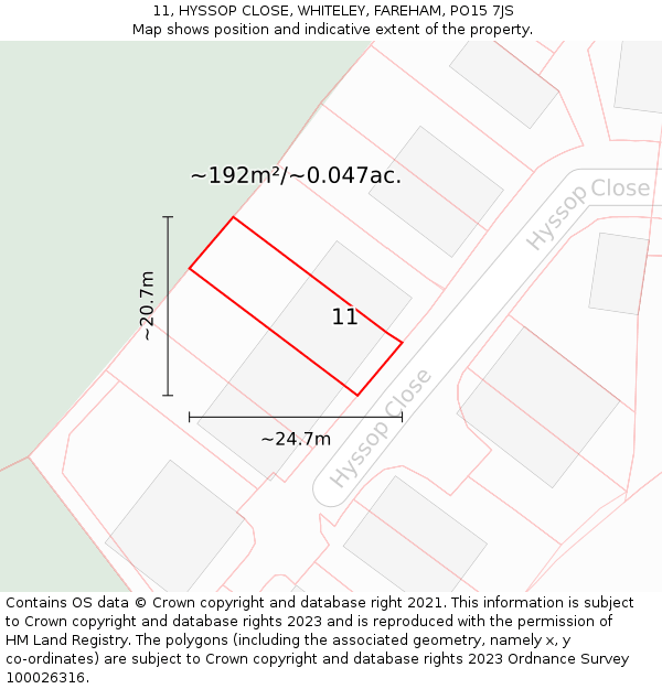 11, HYSSOP CLOSE, WHITELEY, FAREHAM, PO15 7JS: Plot and title map