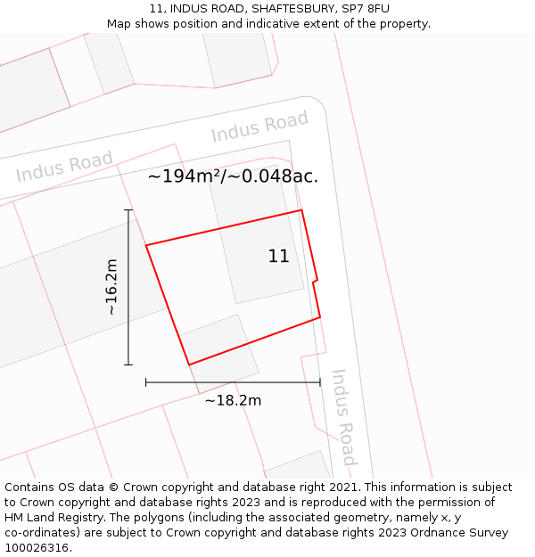 11, INDUS ROAD, SHAFTESBURY, SP7 8FU: Plot and title map