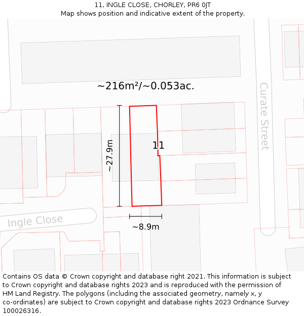 11, INGLE CLOSE, CHORLEY, PR6 0JT: Plot and title map