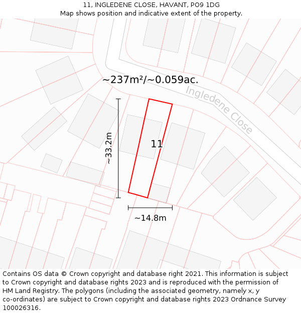 11, INGLEDENE CLOSE, HAVANT, PO9 1DG: Plot and title map