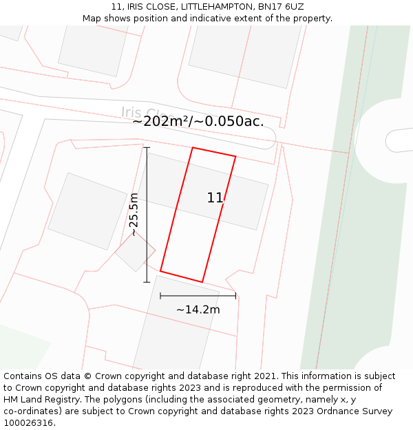 11, IRIS CLOSE, LITTLEHAMPTON, BN17 6UZ: Plot and title map