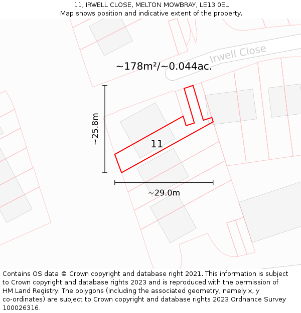 11, IRWELL CLOSE, MELTON MOWBRAY, LE13 0EL: Plot and title map