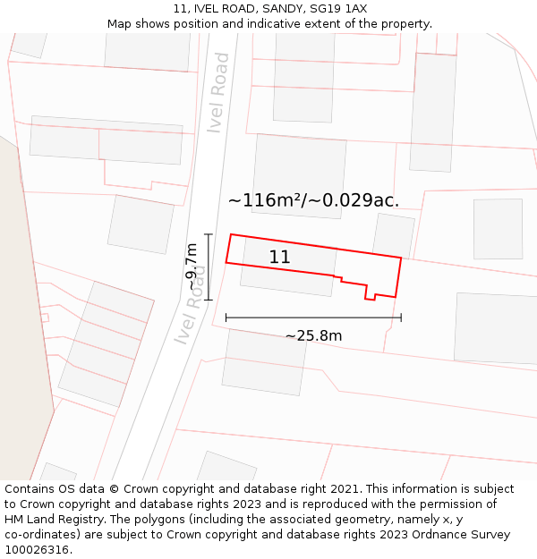 11, IVEL ROAD, SANDY, SG19 1AX: Plot and title map