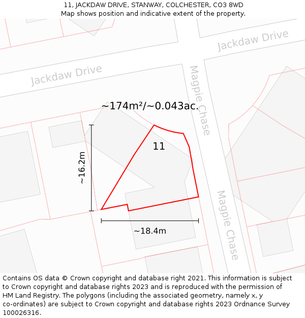 11, JACKDAW DRIVE, STANWAY, COLCHESTER, CO3 8WD: Plot and title map