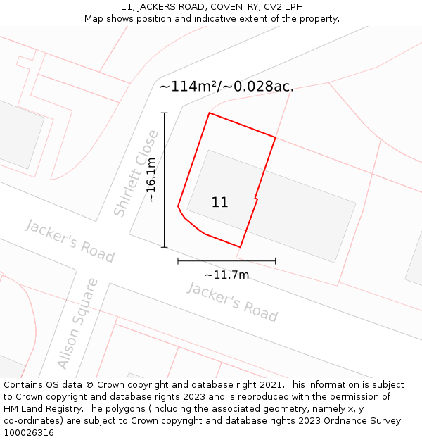 11, JACKERS ROAD, COVENTRY, CV2 1PH: Plot and title map