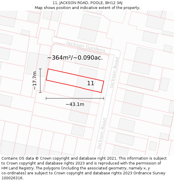 11, JACKSON ROAD, POOLE, BH12 3AJ: Plot and title map