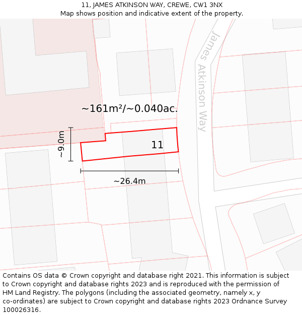 11, JAMES ATKINSON WAY, CREWE, CW1 3NX: Plot and title map