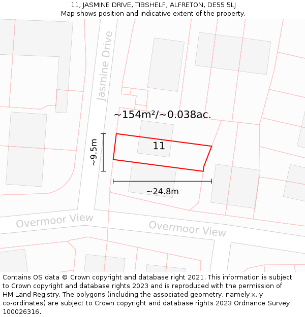 11, JASMINE DRIVE, TIBSHELF, ALFRETON, DE55 5LJ: Plot and title map