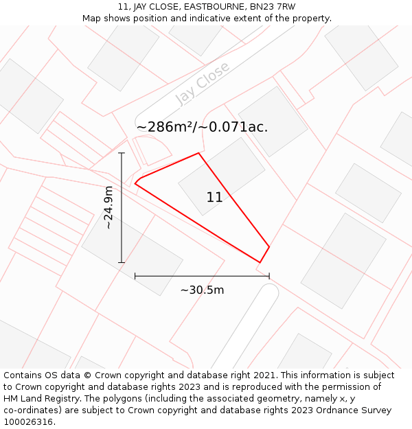 11, JAY CLOSE, EASTBOURNE, BN23 7RW: Plot and title map