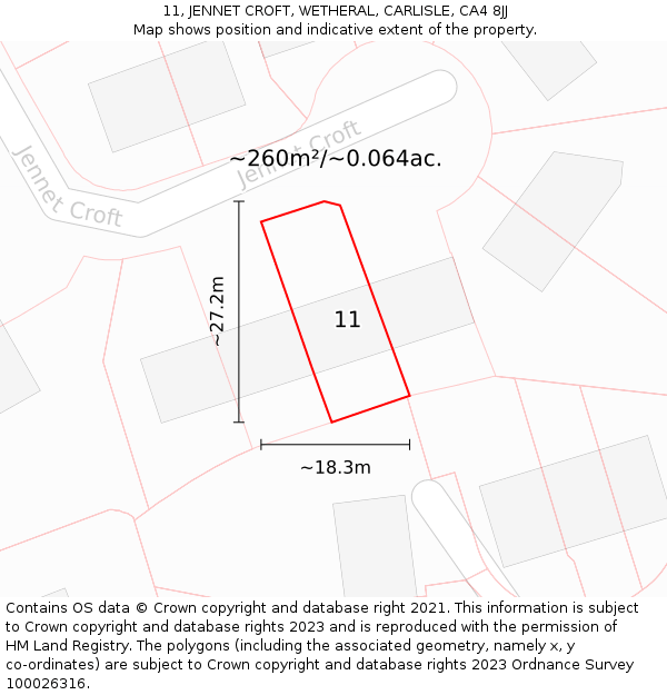 11, JENNET CROFT, WETHERAL, CARLISLE, CA4 8JJ: Plot and title map